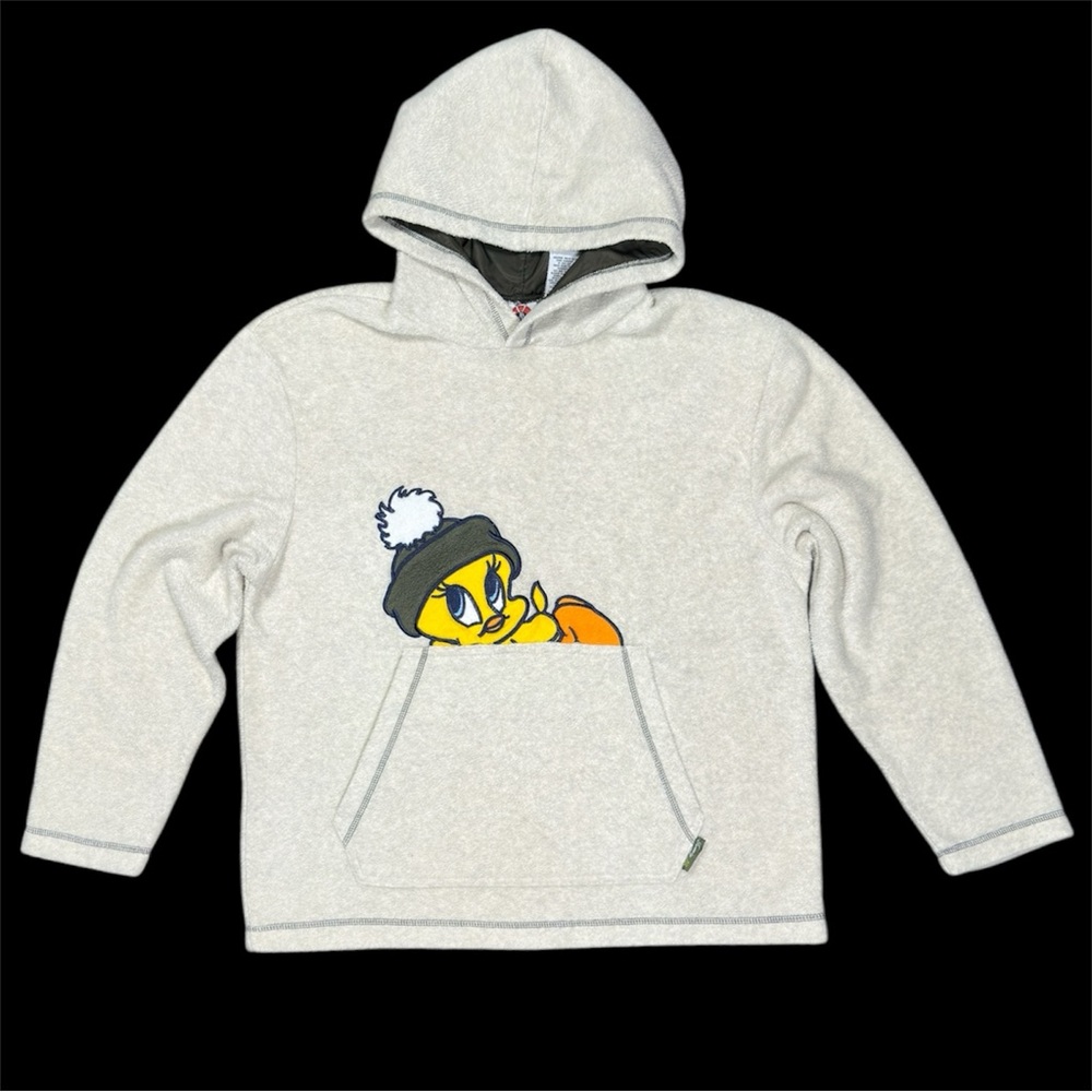 Vtg Looney Tunes Tweety Hoodie Y2K Size S - Rare Olive Green Nylon Hood Lining